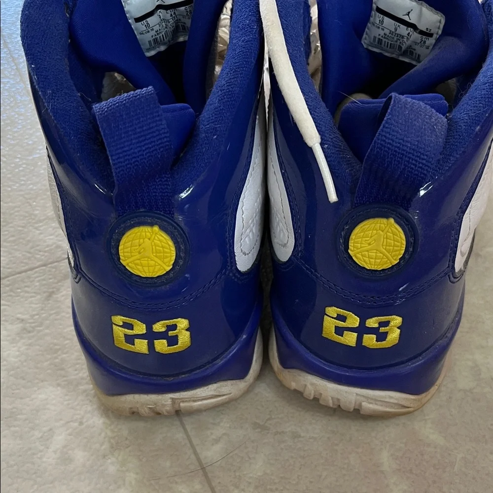 Men's Air Jordan 9 Retro White and Blue Sneakers with Yellow Accents 10
